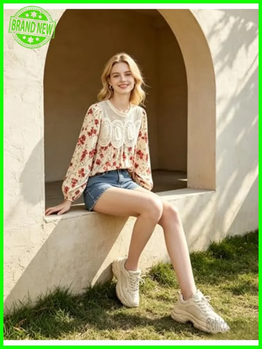 Women's Lace-Detail Poplin Mesh Swing Babydoll Top Long Sleeve Flared Blouse